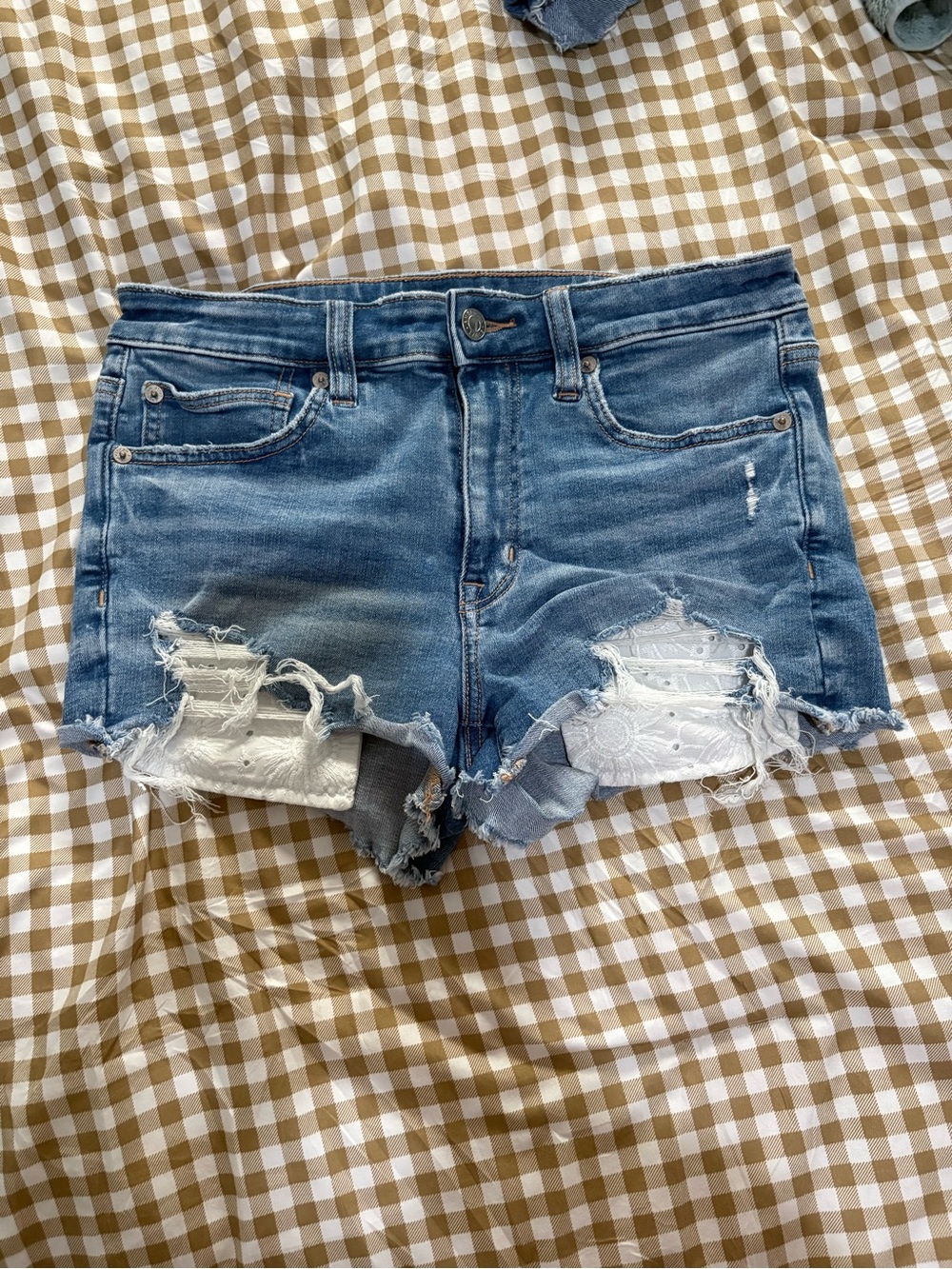 American Eagle Outfitters Distressed Blue Denim Shorts with Floral Lace pocket